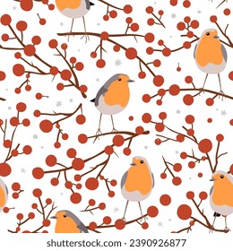 Robin birds and red berries branches, seamless Christmas pattern, winter vector illustration, print on white background.
