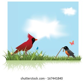 Robin and Cardinal spring background. EPS 10 vector, grouped for easy editing. No open shapes or paths.