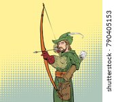 Robin Hood aiming on target. Robin Hood standing with bow and arrows. Defender of weak. Medieval legends. Heroes of medieval legends. Halftone background.