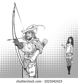 Robin Hood aiming on target. Medieval legends. Heroes of medieval legends. Lady in modern dress.