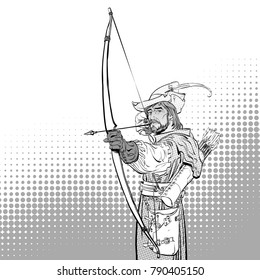 Robin Hood aiming on target. Robin Hood standing with bow and arrows. Defender of weak. Medieval legends. Heroes of medieval legends. Halftone background.