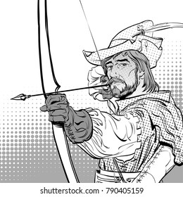 Robin Hood aiming on target. Robin Hood standing with bow and arrows. Defender of weak. Medieval legends. Heroes of medieval legends. Halftone background.