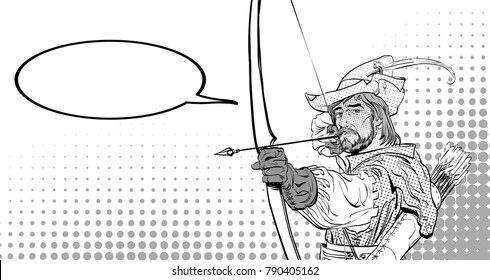 Robin Hood aiming on target. Robin Hood standing with bow and arrows. Defender of weak. Medieval legends. Heroes of medieval legends. Halftone background.