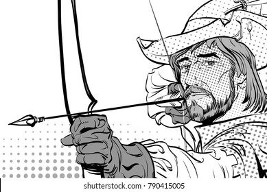 Robin Hood aiming on target. Robin Hood standing with bow and arrows. Defender of weak. Medieval legends. Heroes of medieval legends. Halftone background.