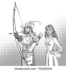 Robin Hood aiming on target. Medieval legends. Heroes of medieval legends. Lady in medieval dress.