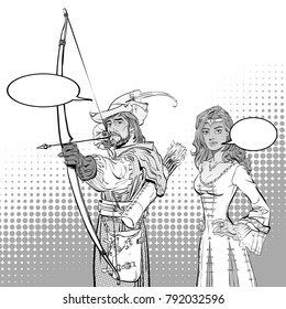 Robin Hood aiming on target. Medieval legends. Heroes of medieval legends. Lady in medieval dress.