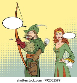 Robin Hood aiming on target. Medieval legends. Heroes of medieval legends. Lady in medieval dress.