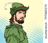 Robin Hood. Defender of weak. Medieval legends. Heroes of medieval legends. Halftone background.