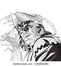 Robin Hood. Defender of weak. Medieval legends. Heroes of medieval legends. Halftone background.