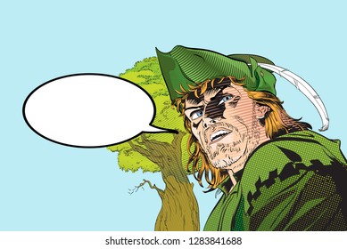 Robin Hood. Defender of weak. Medieval legends. Heroes of medieval legends. Halftone background.