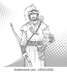 Robin Hood. Defender of weak. Medieval legends. Heroes of medieval legends. Halftone background.