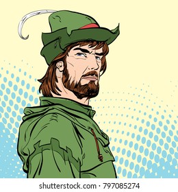 Robin Hood. Defender of weak. Medieval legends. Heroes of medieval legends. Halftone background.