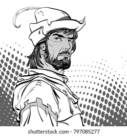 Robin Hood. Defender of weak. Medieval legends. Heroes of medieval legends. Halftone background.