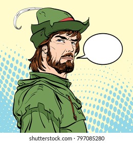 Robin Hood. Defender of weak. Medieval legends. Heroes of medieval legends. Halftone background.
