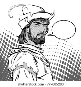 Robin Hood. Defender of weak. Medieval legends. Heroes of medieval legends. Halftone background.