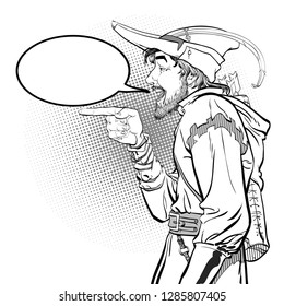 Robin Hood in a hat with feather. Defender of weak. Medieval legends. Heroes of medieval legends. Halftone background.