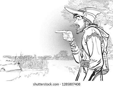 Robin Hood in a hat with feather. Defender of weak. Medieval legends. Heroes of medieval legends. Halftone background.