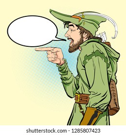 Robin Hood in a hat with feather. Defender of weak. Medieval legends. Heroes of medieval legends. Halftone background.