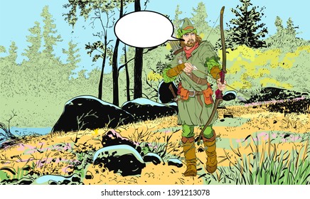 Robin Hood in a hat with feather. Defender of weak. Medieval legends. Heroes of medieval legends. Halftone background.