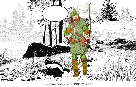 Robin Hood in a hat with feather. Defender of weak. Medieval legends. Heroes of medieval legends. Halftone background.