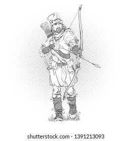 Robin Hood in a hat with feather. Defender of weak. Medieval legends. Heroes of medieval legends. Halftone background.