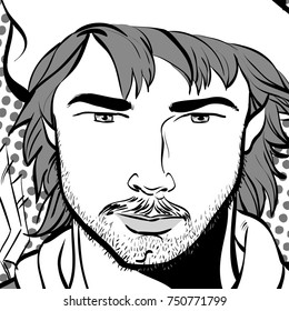 Robin Hood in a hat with feather. Young soldier. Noble robber. Defender of weak. Medieval legends. Heroes of medieval legends. Halftone background.