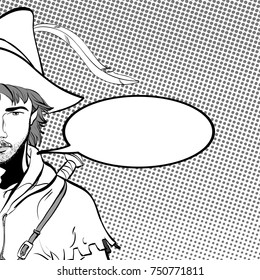 Robin Hood in a hat with feather. Young soldier. Noble robber. Defender of weak. Medieval legends. Heroes of medieval legends. Halftone background.