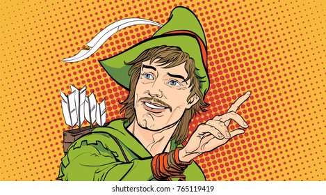 Robin Hood in a hat with feather. Young soldier. Noble robber. Defender of weak. Medieval legends. Heroes of medieval legends. Halftone background.