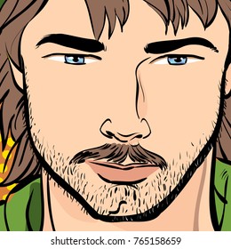 Robin Hood in a hat with feather. Young soldier. Noble robber. Defender of weak. Medieval legends. Heroes of medieval legends. Halftone background.