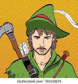 Robin Hood in a hat with feather. Young soldier. Noble robber. Defender of weak. Medieval legends. Heroes of medieval legends. Halftone background.