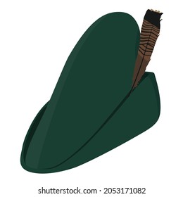 El sombrero Robin Hood aislado en blanco. Sombrero verde austriaco con pluma pegada. Vector