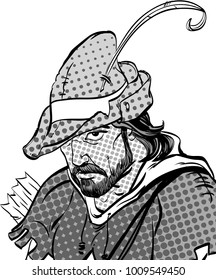 Robin Hood portrait. Defender of weak. Medieval legends. Heroes of medieval legends. Halftone background.