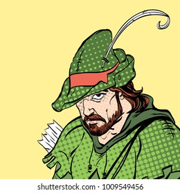 Robin Hood portrait. Defender of weak. Medieval legends. Heroes of medieval legends. Halftone background.
