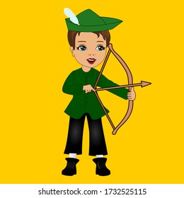 Robin Hood shooting arrow from bow, classic folk character wearing medieval English hat. Famous thug that lived in Sherwood forest of Nottinghamshire during dark ages of England