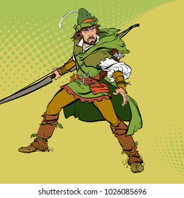 Robin Hood standing with bow and arrows. Robin Hood in ambush. Defender of weak. Medieval legends. Heroes of medieval legends. Halftone background.