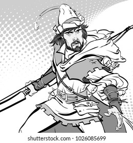 Robin Hood standing with bow and arrows. Robin Hood in ambush. Defender of weak. Medieval legends. Heroes of medieval legends. Halftone background.