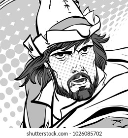 Robin Hood standing with bow and arrows. Robin Hood in ambush. Defender of weak. Medieval legends. Heroes of medieval legends. Halftone background.