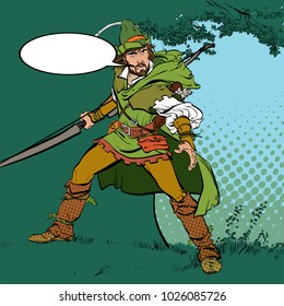 Robin Hood standing with bow and arrows. Robin Hood in ambush. Defender of weak. Medieval legends. Heroes of medieval legends. Halftone background.