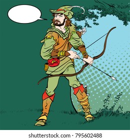 Robin Hood standing with bow and arrows. Robin Hood in ambush. Defender of weak. Medieval legends. Heroes of medieval legends. Halftone background.