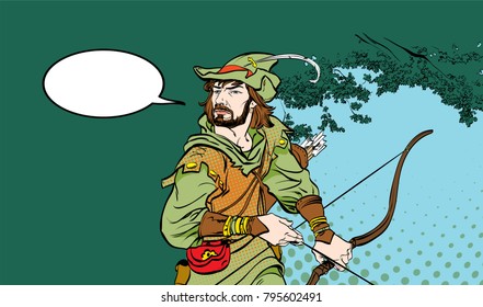 Robin Hood standing with bow and arrows. Robin Hood in ambush. Defender of weak. Medieval legends. Heroes of medieval legends. Halftone background.