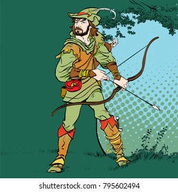 Robin Hood standing with bow and arrows. Robin Hood in ambush. Defender of weak. Medieval legends. Heroes of medieval legends. Halftone background.