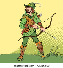 Robin Hood standing with bow and arrows. Robin Hood in ambush. Defender of weak. Medieval legends. Heroes of medieval legends. Halftone background.