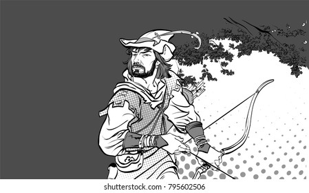 Robin Hood standing with bow and arrows. Robin Hood in ambush. Defender of weak. Medieval legends. Heroes of medieval legends. Halftone background.