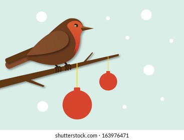 Robin on Branch with Christmas decorations