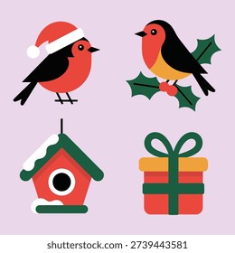 Robin pair with santa hat, gift and birdhouse, merry Christmas card layout, family party session decoration, seasonal illustration vector