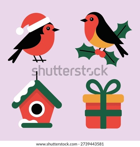 Robin pair with santa hat, gift and birdhouse, merry Christmas card layout, family party session decoration, seasonal illustration vector