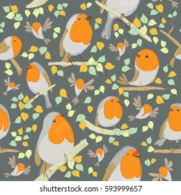 Robin pattern. Cartoon birds. Hand drawn vector illustration