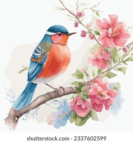 Robin perched atop a blooming cherry tree, painted in a watercolor style