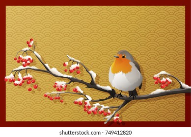 Robin perched on snowy branch with red berries on japanese golden pattern