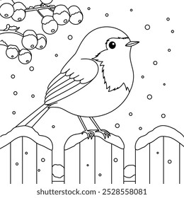 Robin Perched on a Snowy Fence Outline Coloring Page. Christmas and Winter Animal Illustration 